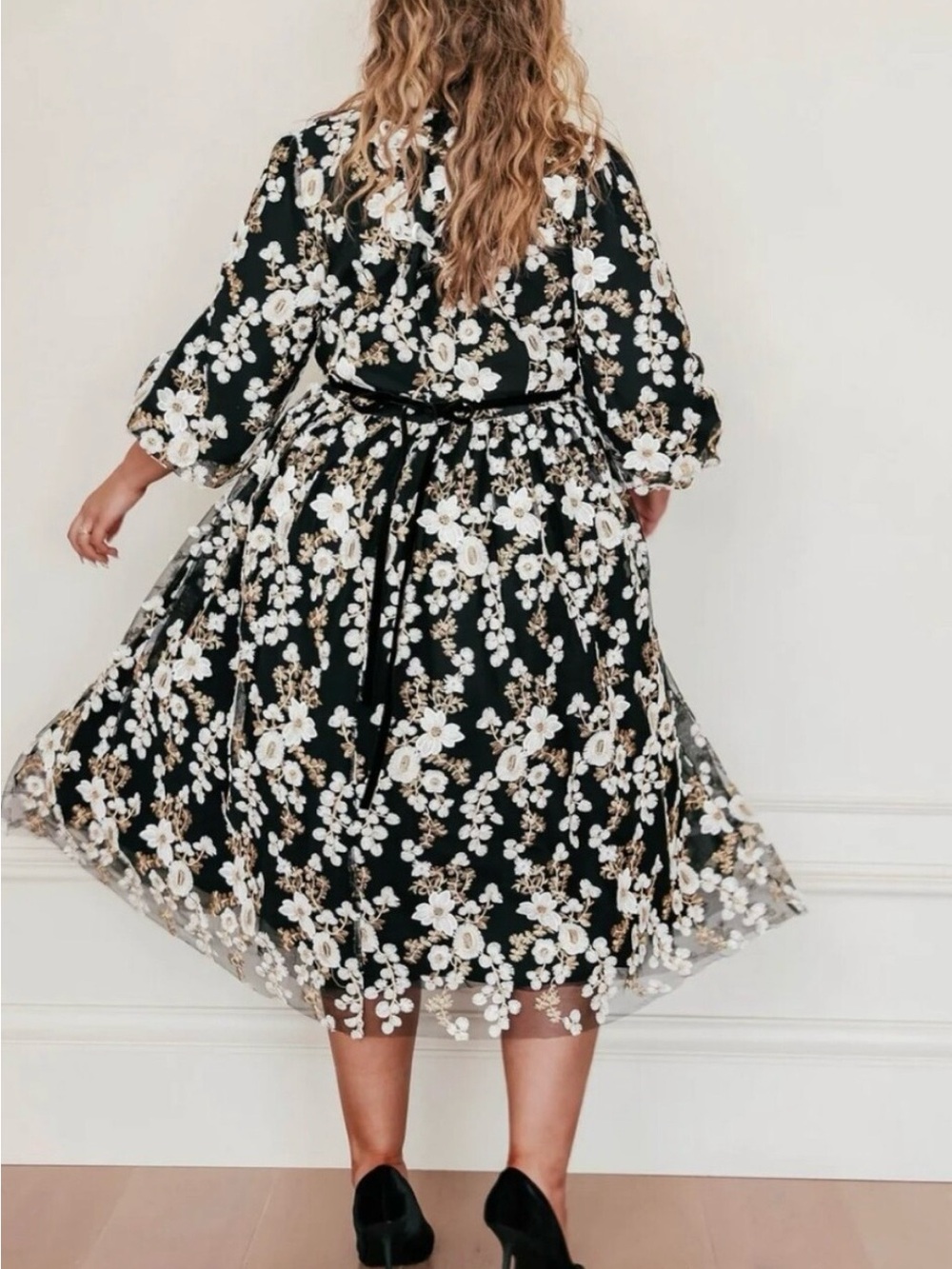 JessaKae Black Midi Dress with White and Cream Floral Embroidery
